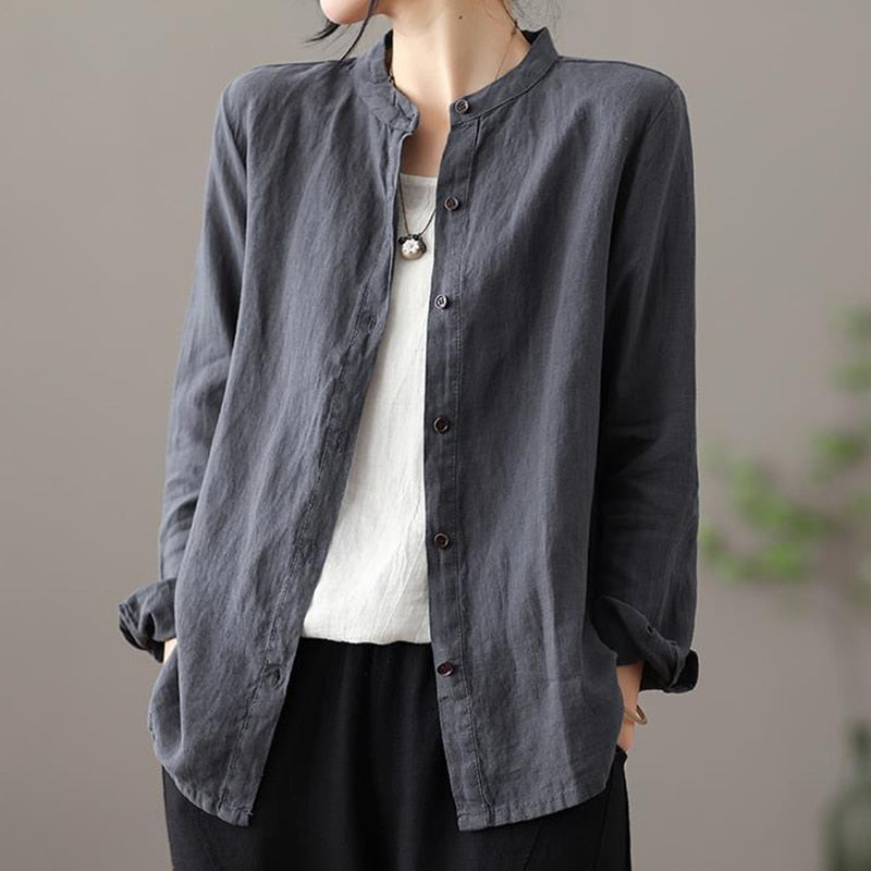 Retro Stand Collar Cotton Cardigan Shirt