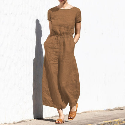 Elastic Waist Jumpsuit with Short Sleeve