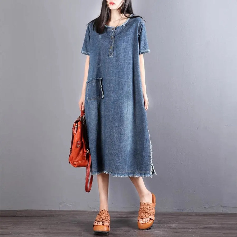 Short-Sleeve Denim Midi Dress with Scoop Neck