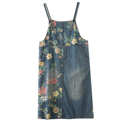 Denim Sleeveless Overall with Patchwork Print