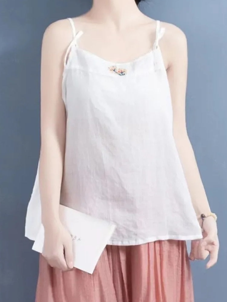 Embroidered Sleeveless Tank Top with V-Neck