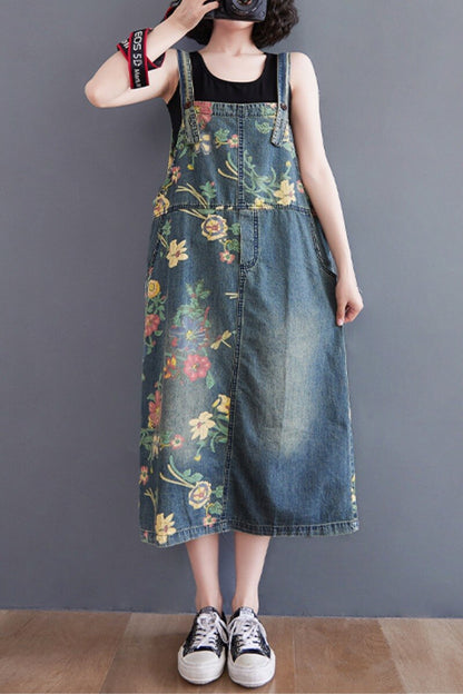 Denim Sleeveless Overall with Patchwork Print