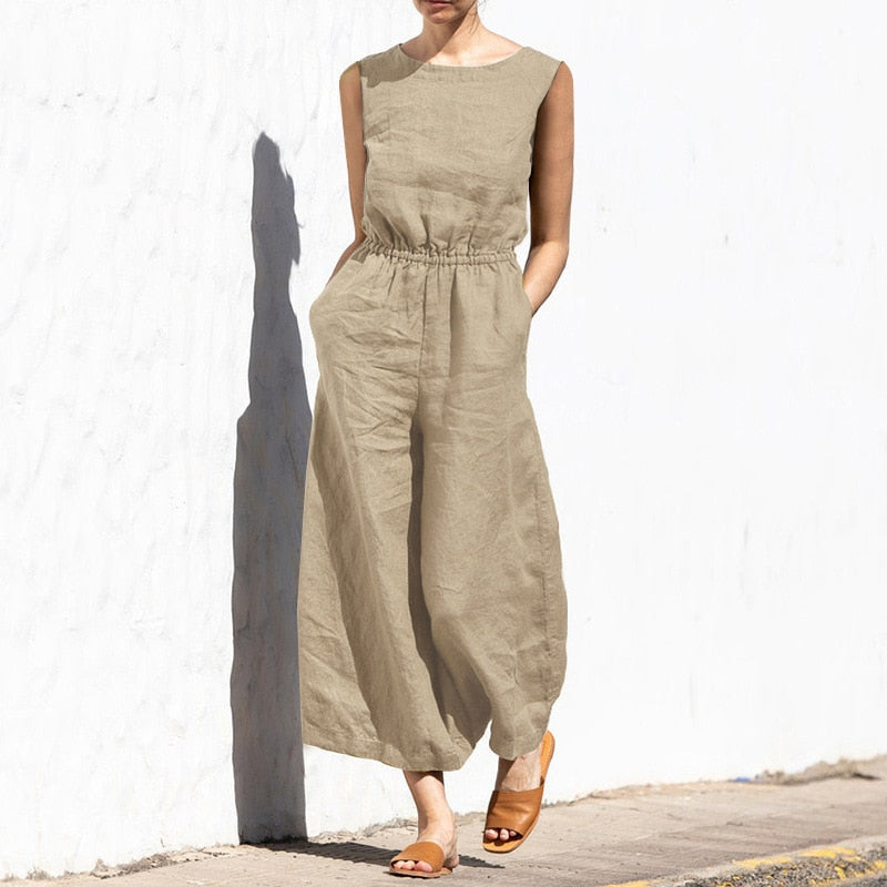 Elastic Waist Jumpsuit with Short Sleeve