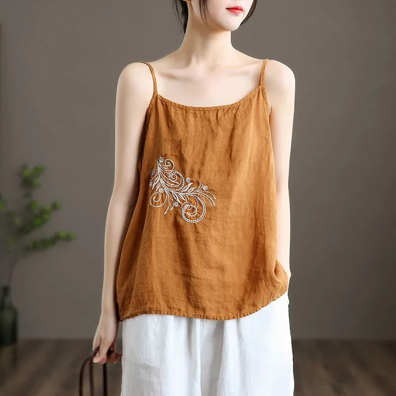 Embroidered Sleeveless Tank Top with V-Neck