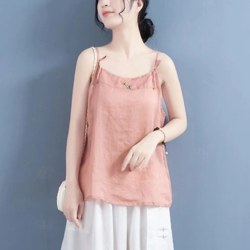 Embroidered Sleeveless Tank Top with V-Neck