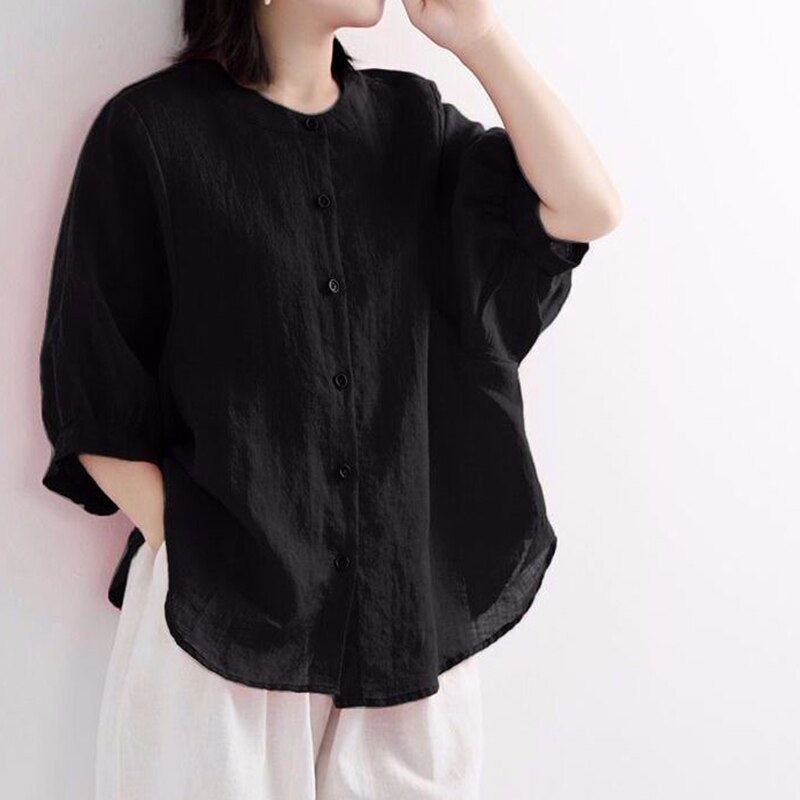 Lantern Sleeve Cotton Linen Blouse - Vintage Elegance