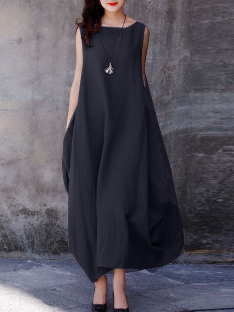 Loose Fit Casual Oversized Dress with Jewel-Neck