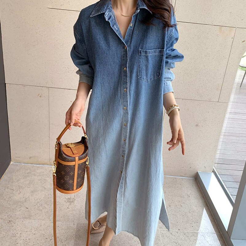 Turn-Down Collar Vintage Casual Maxi Dress