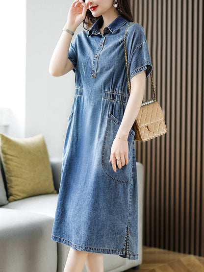 Short Sleeve Midi Dress with Turn-Down Collar