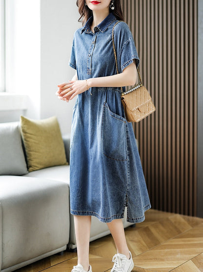 Short Sleeve Midi Dress with Turn-Down Collar