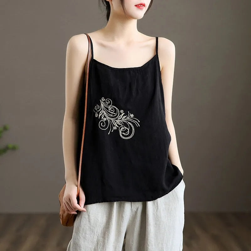 Embroidered Sleeveless Tank Top with V-Neck