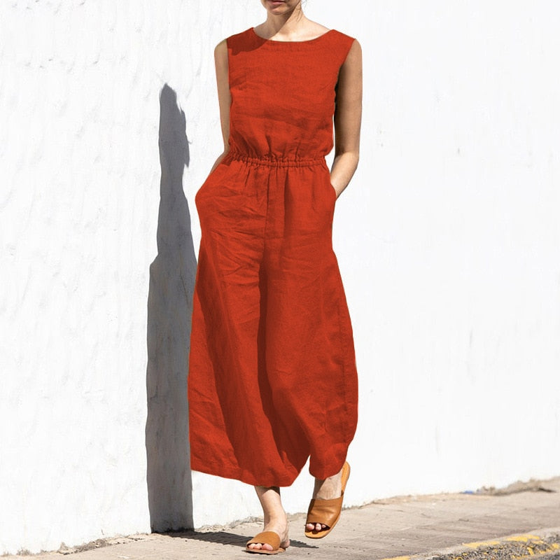 Elastic Waist Jumpsuit with Short Sleeve