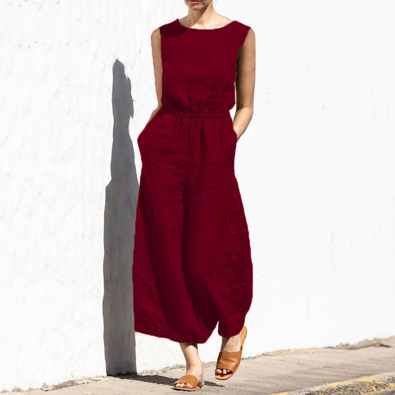 Elastic Waist Jumpsuit with Short Sleeve