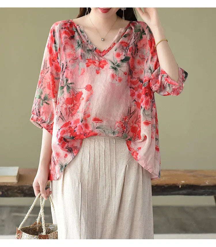 Vintage Floral Print Shirt with Half Sleeve