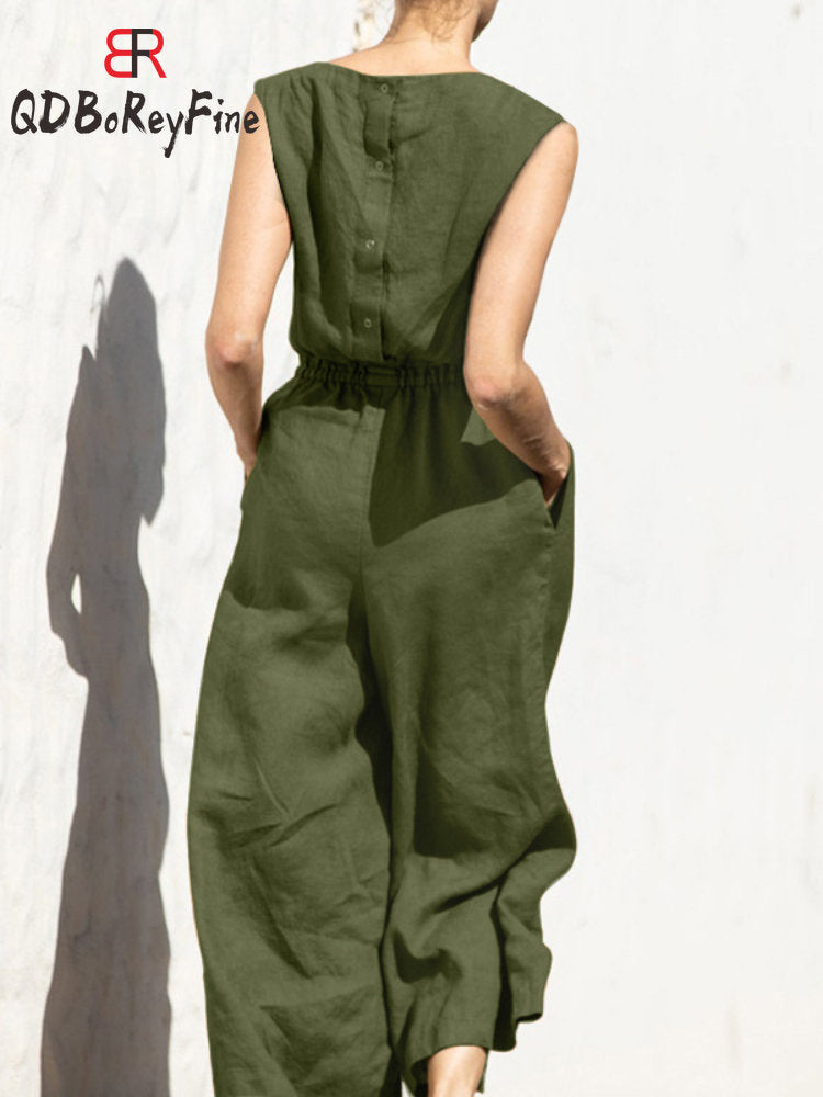 Elastic Waist Jumpsuit with Short Sleeve