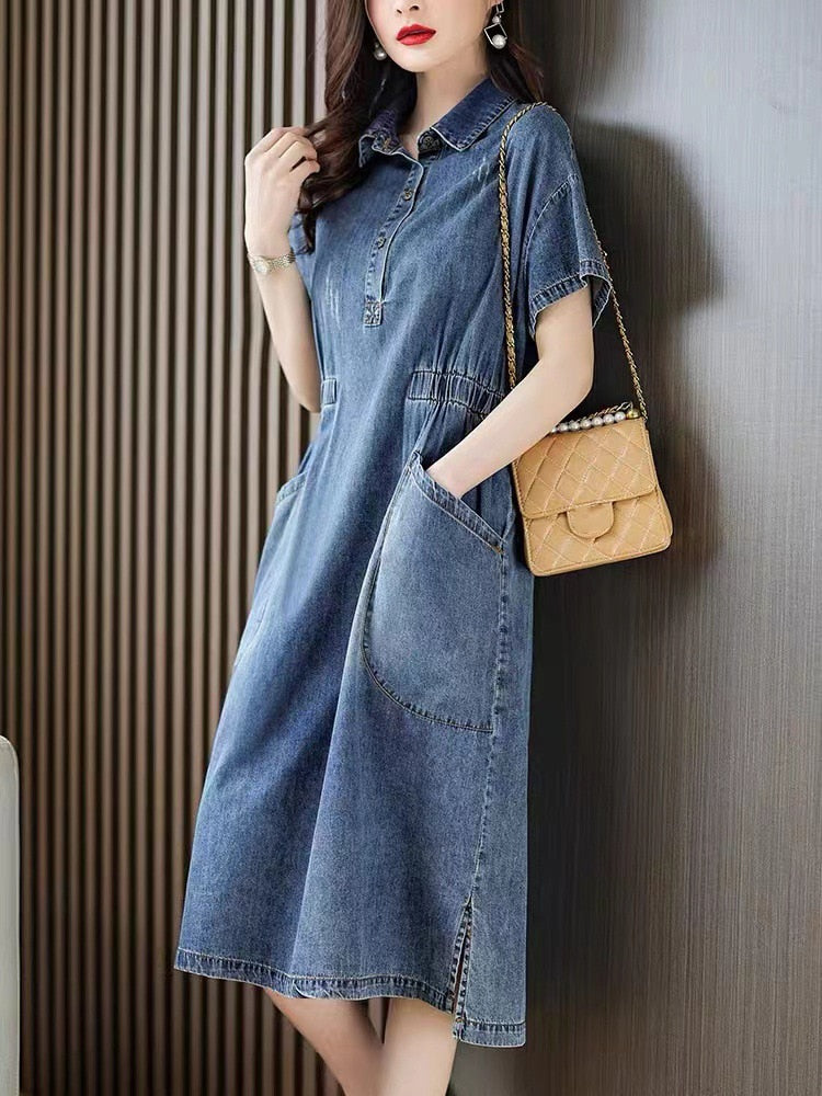 Short Sleeve Midi Dress with Turn-Down Collar