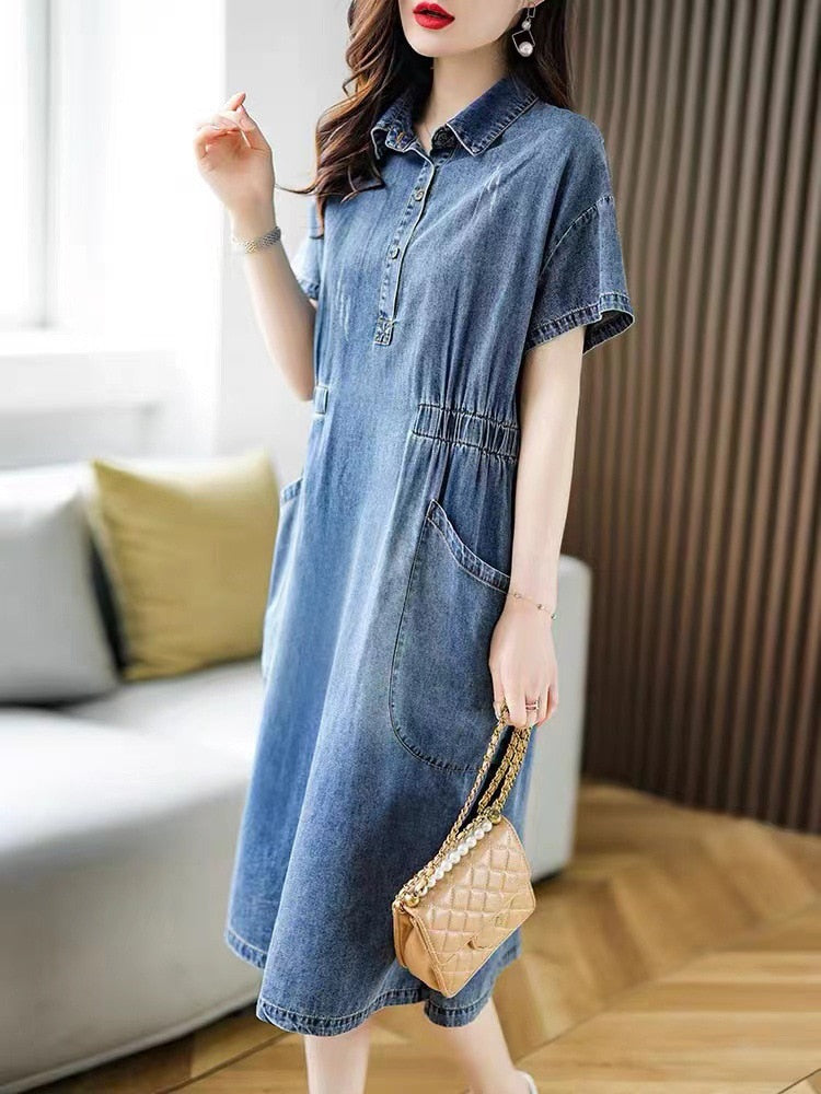 Short Sleeve Midi Dress with Turn-Down Collar