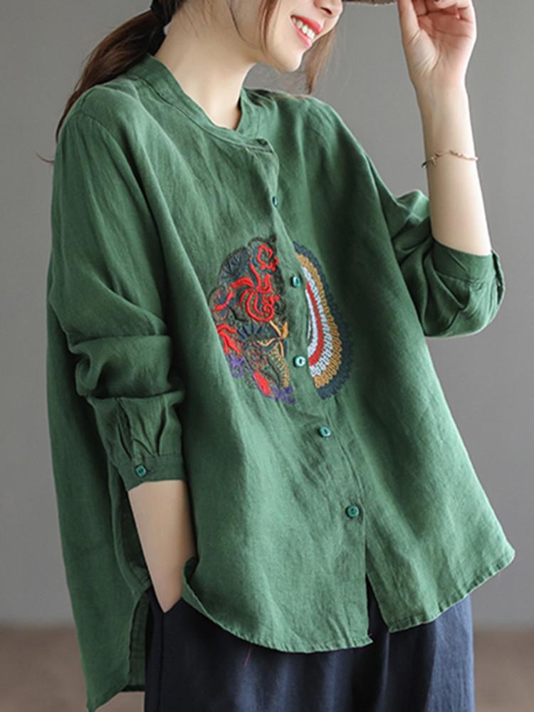 Stand Collar Vintage Shirt with Embroidery