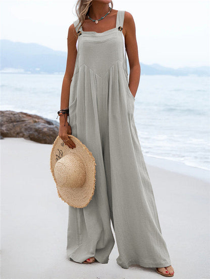 Sleeveless Beach Jumpsuit with Loose Pockets