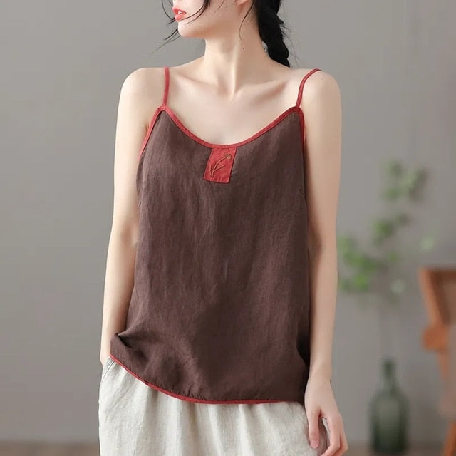 Embroidered Sleeveless Tank Top with V-Neck