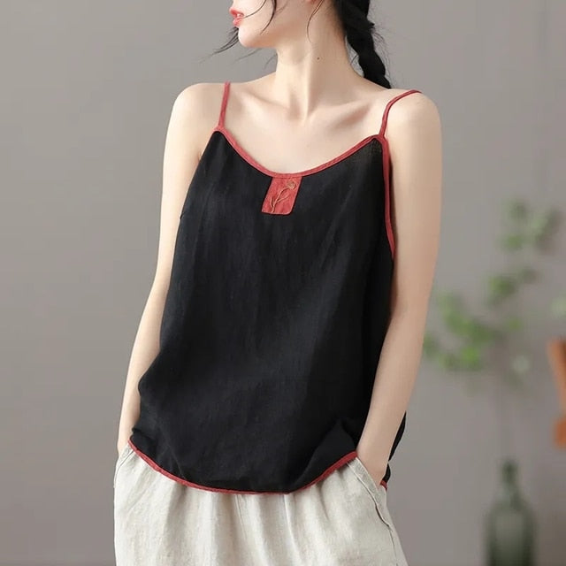 Embroidered Sleeveless Tank Top with V-Neck