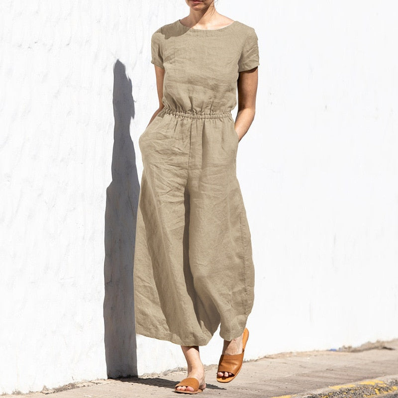 Elastic Waist Jumpsuit with Short Sleeve