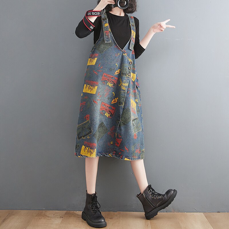 Flower Printed Denim Pullover Dress