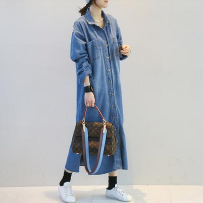 Fashion Denim Long Slit Loose Denim Shirt Jacket