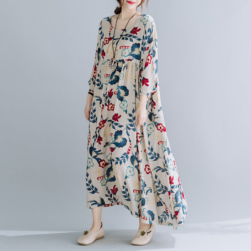 Plus Size Loose Panel Cotton Linen Print Short Sleeve Dress