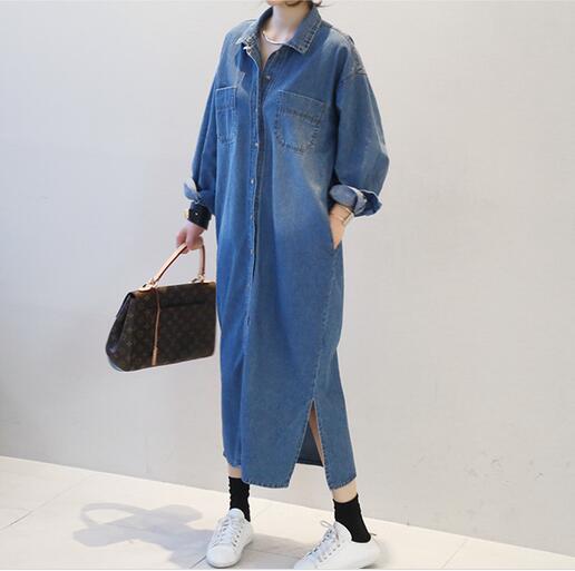 Fashion Denim Long Slit Loose Denim Shirt Jacket