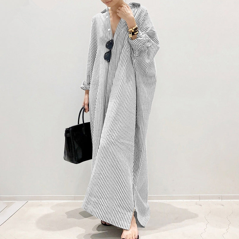 Cotton And Linen Striped Cardigan Irregular Dress