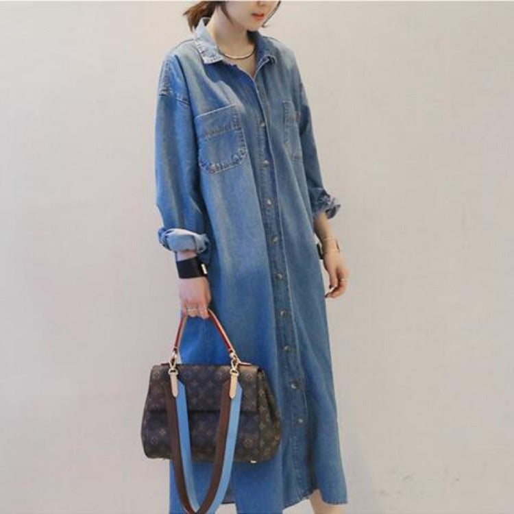 Fashion Denim Long Slit Loose Denim Shirt Jacket