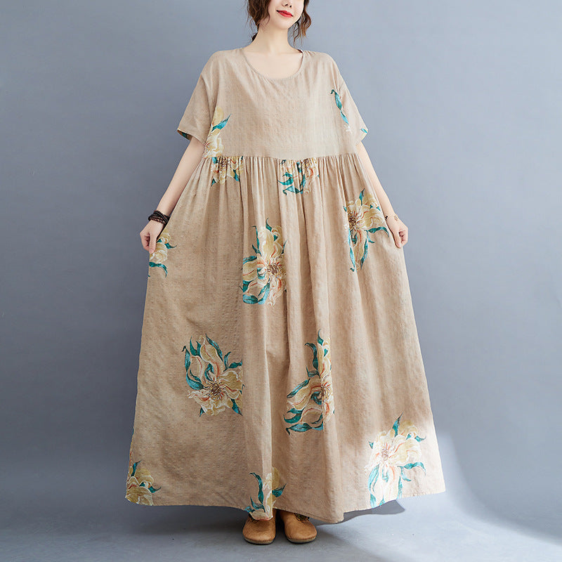Cotton And Linen Print Short-sleeved Belly-covering Slim Dress