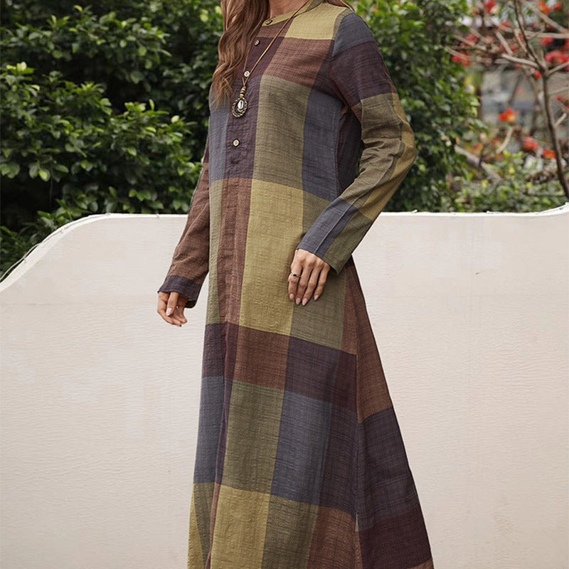 Retro Hedging Cotton And Linen Loose Cotton Plaid Color Matching Dress