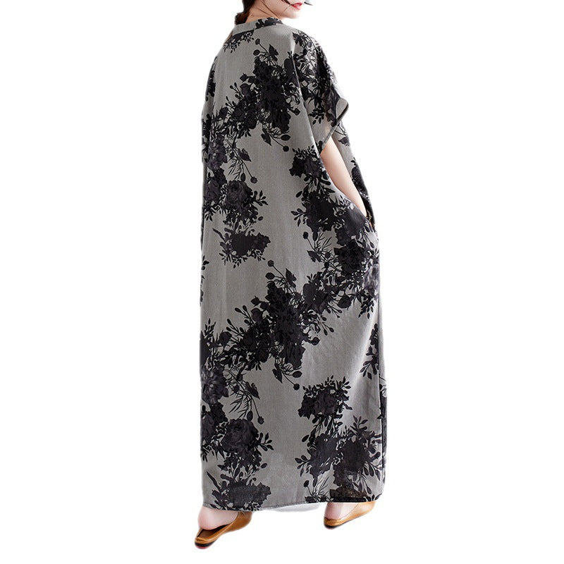 Cotton Floral Print Maxi Dress with V-Neck
