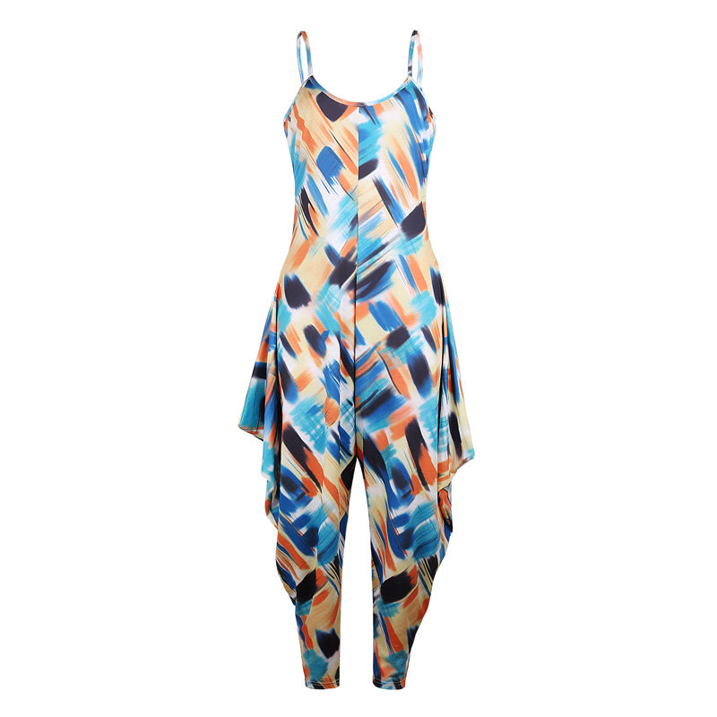 Printed Loose Suspenders Women Jumpsuit