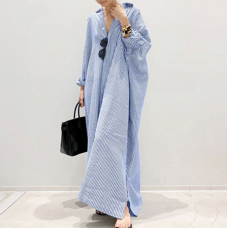 Cotton And Linen Striped Cardigan Irregular Dress