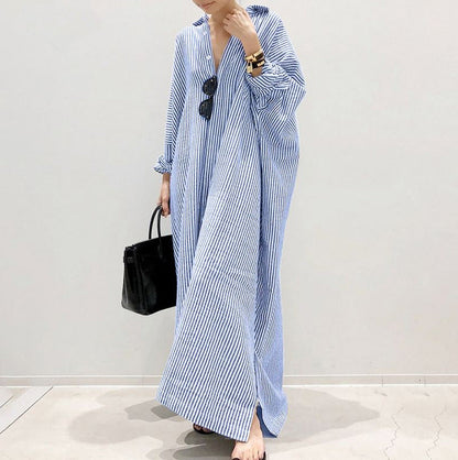 Cotton And Linen Striped Cardigan Irregular Dress