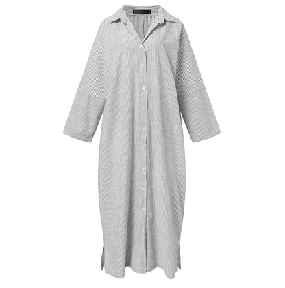 Cotton And Linen Striped Cardigan Irregular Dress