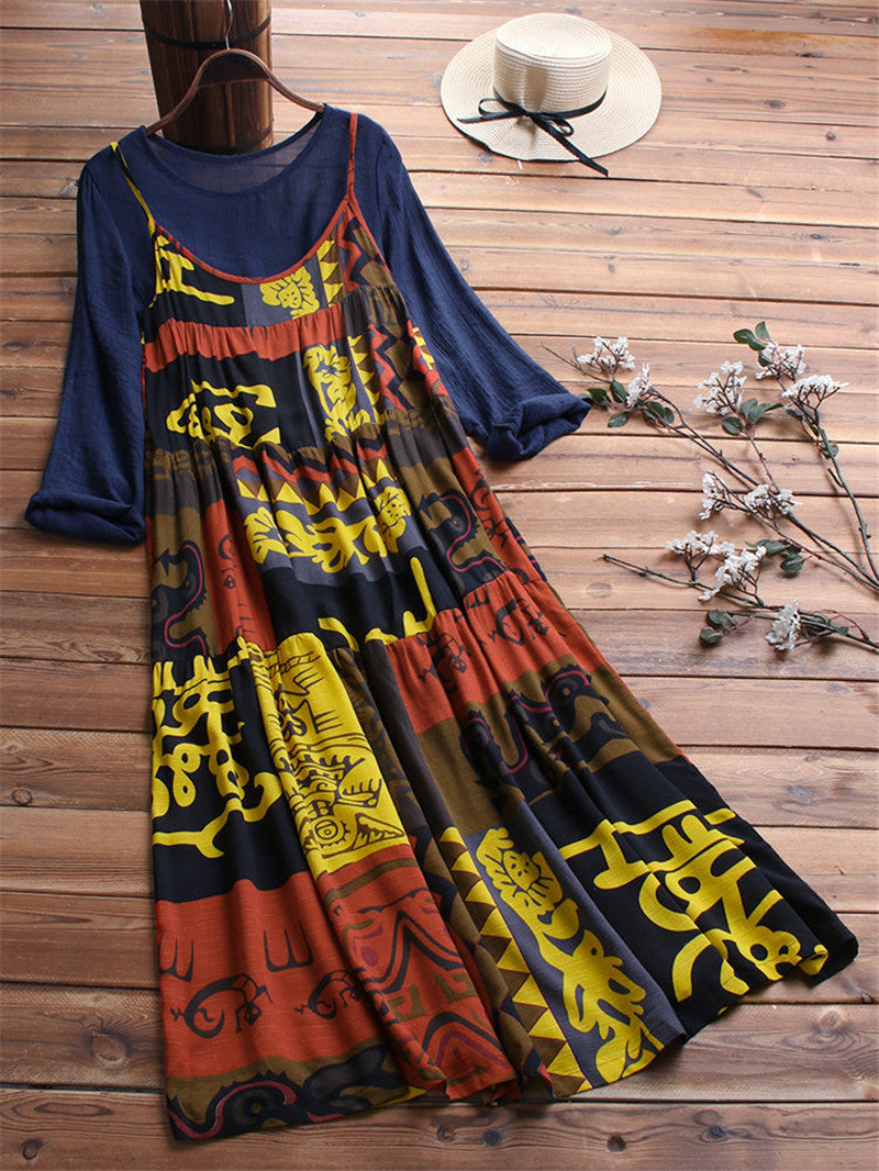 Two-piece Cotton And Linen Printed Loose Sling Dress