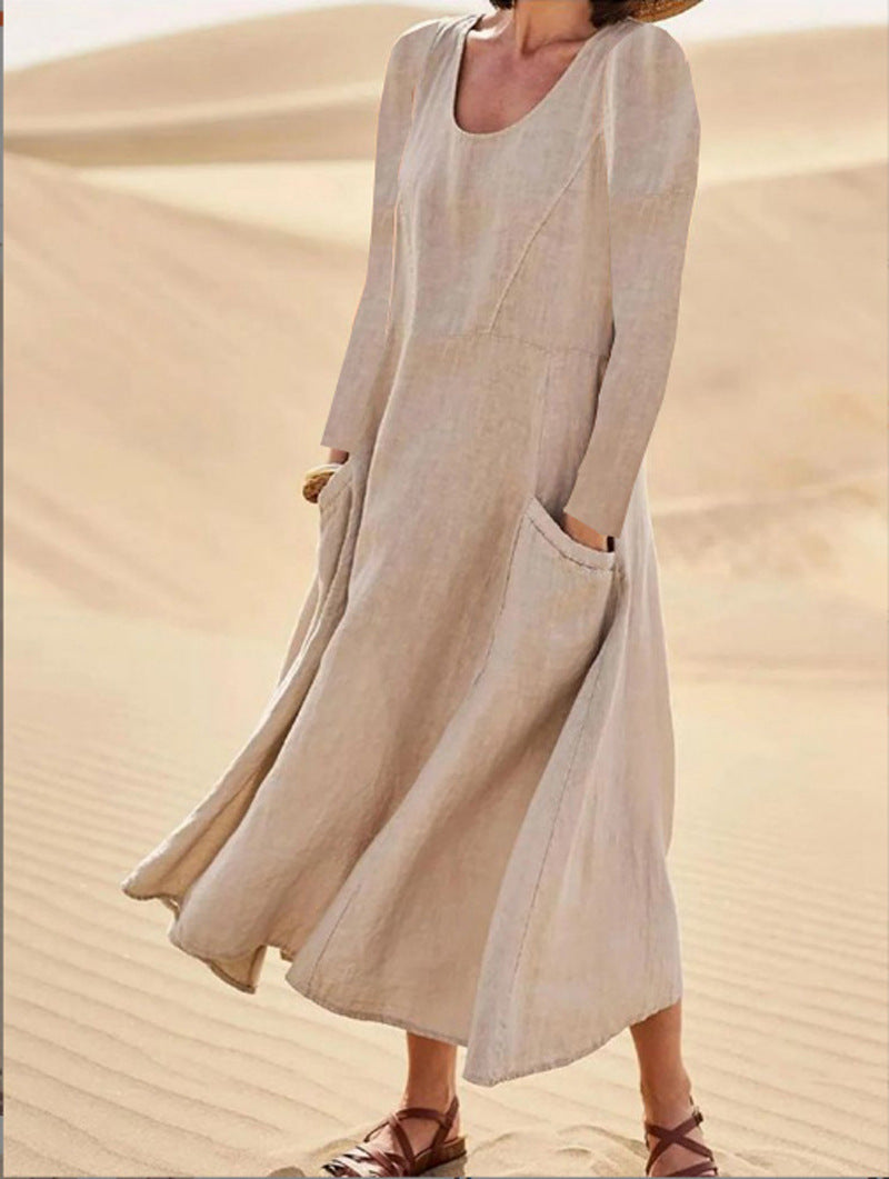 Round Neck Cotton Linen Casual Dress