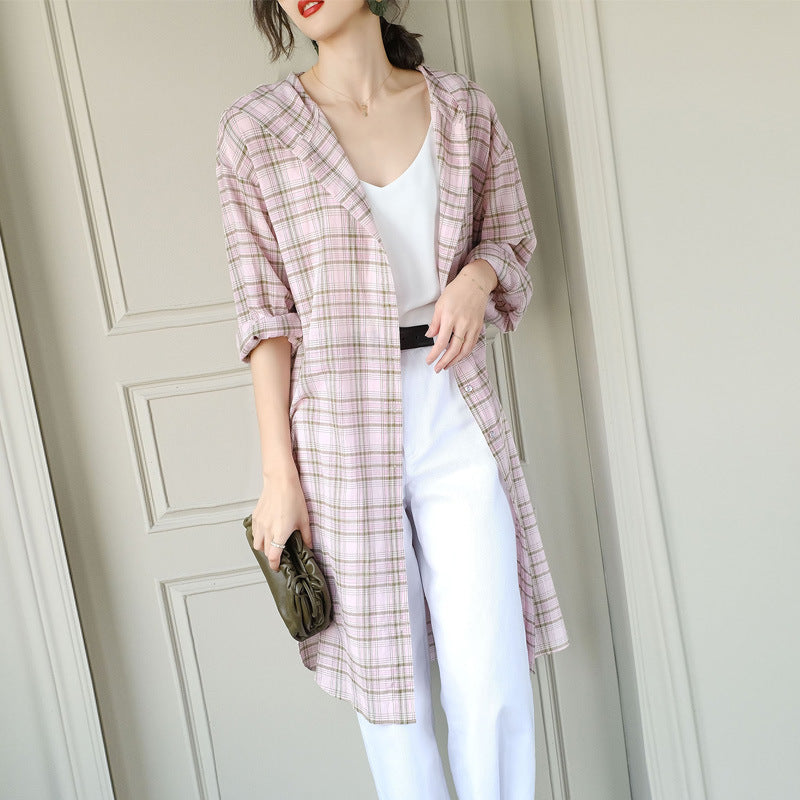 Mid-length Cotton Cardigan Fashion Plaid Loose Sunscreen Shirt